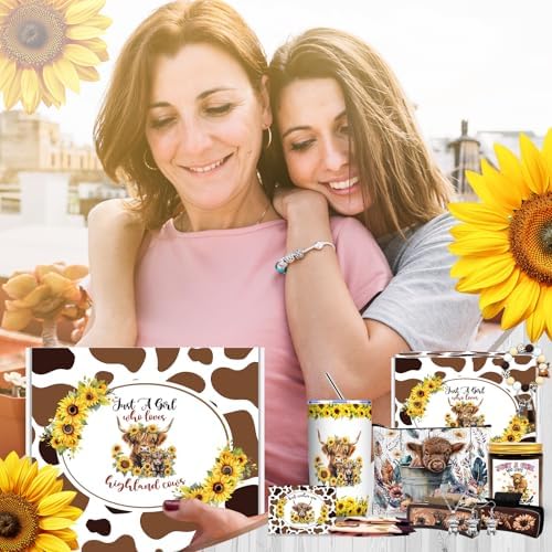 Highland Cow Gifts Set for Women, Highland Cow Themed Stuff Set with 20 Oz Tumbler Makeup Bag Candle Socks Hair Claw Clips Keychain Earrings Necklace for Highland Cow Lover Birthday Christmas Gifts
