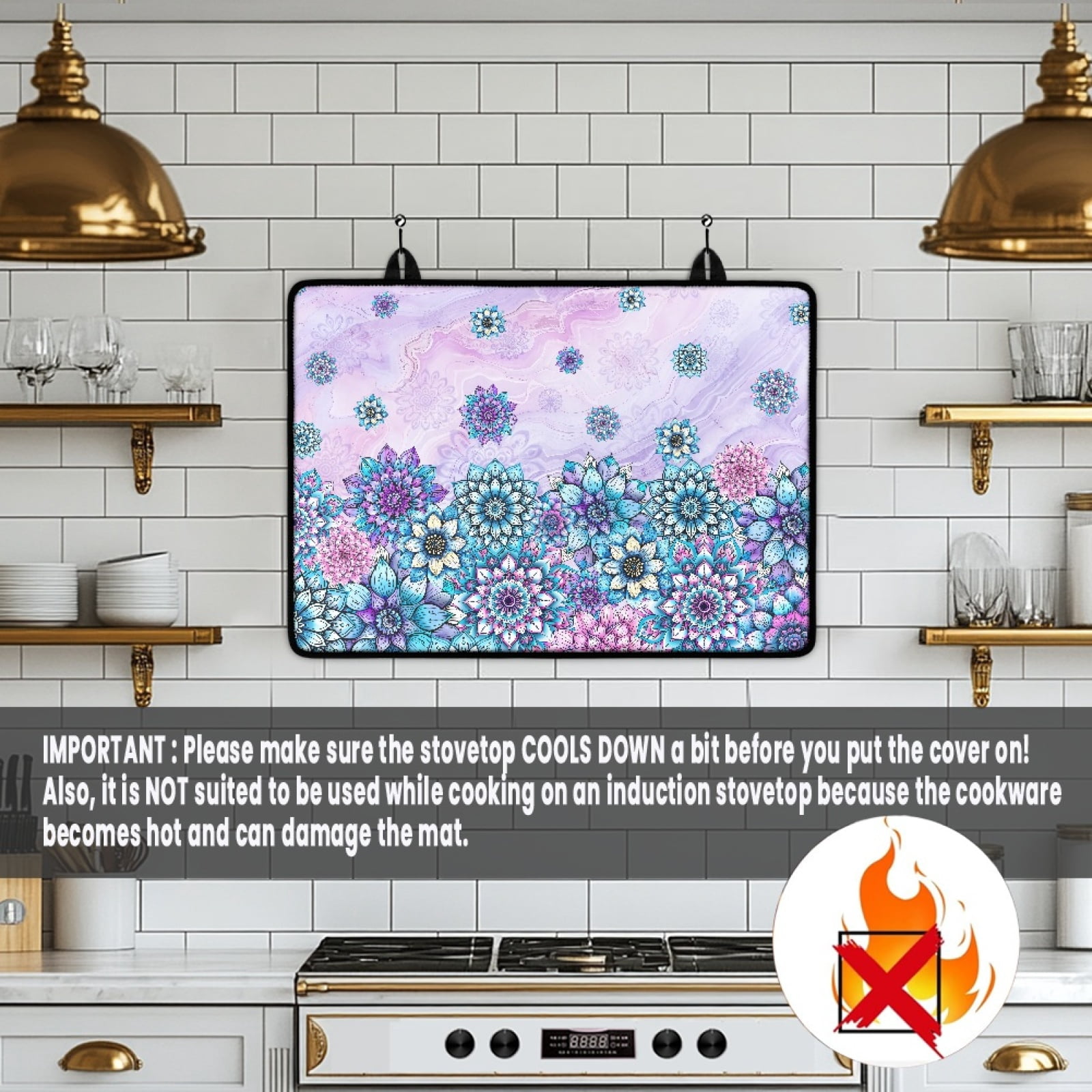 Renewold Glass Stove Cover Cooktop Protector Foldable Electric Stove Top Protector Non-skid Countertop Protector Washer Dryer Top Cover for Home Decor, Bohemian Flower Marble