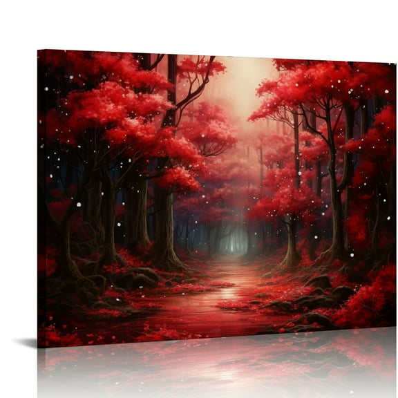 COMIO  Canvas Prints Modern Beautiful Autumn Nature Scenery Painting Wall Art Black and White Trees Foggy Forest with Red Leaves On Ground Canvas Decor for Home Artwork