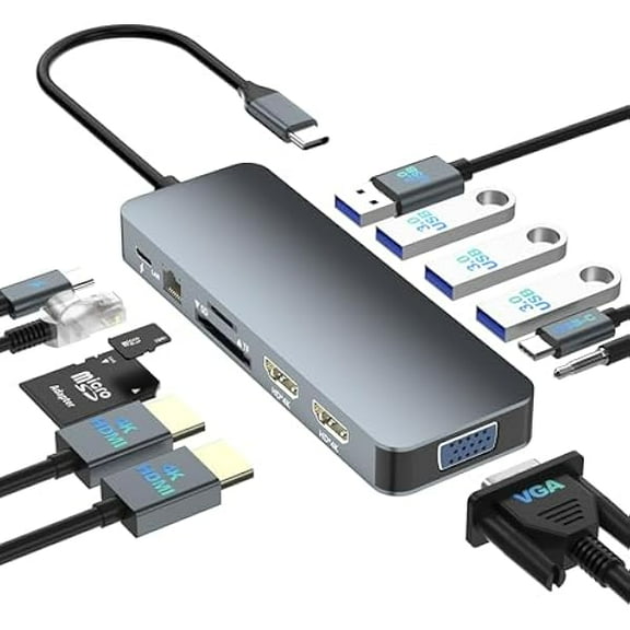 Docking Station for Dell/HP/Lenovo/Surface Laptop, Dual HDMI Adapter for 2 Monitors, 13 in 1 USB C Hub With HDMI/VGA/USB/PD/Ethernet/SD/TF/Audio