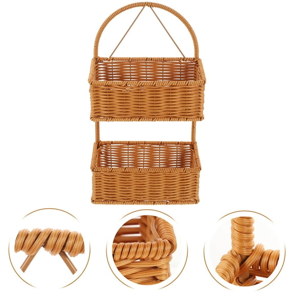 Sparsain Faux Rattan Woven Basket Wall Hanging, 2 Tier Woven Basket for Bathroom and Kitchen