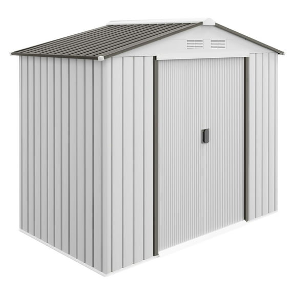 Metal Garden Shed 7x4x6 ft - Outdoor Storage Organizer - White Galvanized Steel - Dual Sliding Doors - 4 Vents - Garden Tool Shelter
