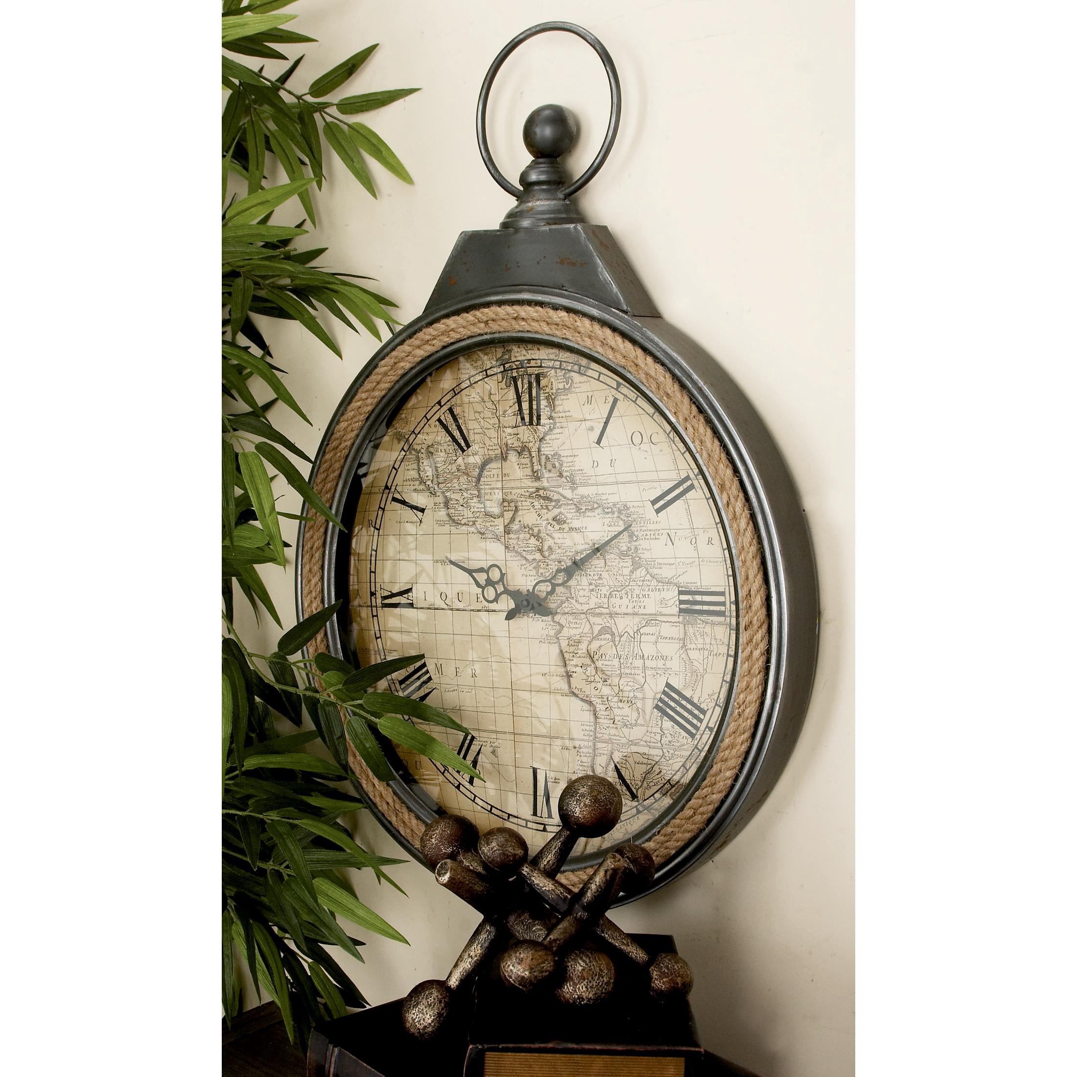 DecMode 21" Gray Metal Finial Pocket Watch Style Wall Clock with Rope Accent