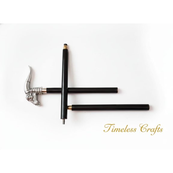 Striking Silver-Tone Animal Head Handle Walking Cane Black Three-Fold Design Stick Animal-Inspired Grip for Everyday Use