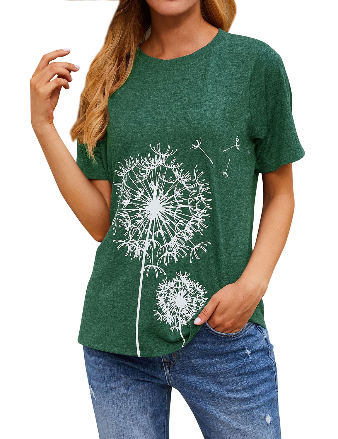 ZXSXSY Women Crew Neck Short Sleeve Dandelion Printed Top