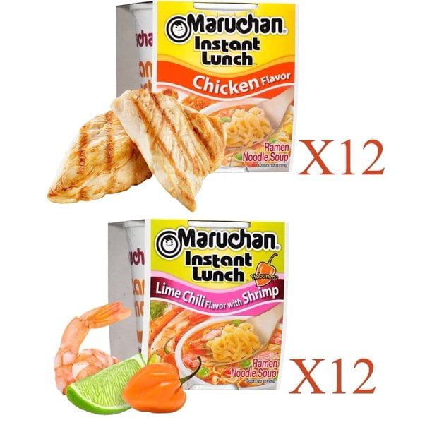 Maruchan Ramen Instant Cup Noodles 24 Count - 12 Chicken Flavor & 12 Lime Chili Shrimp Flavor Lunch / Dinner Variety, 2 Flavors by LRB