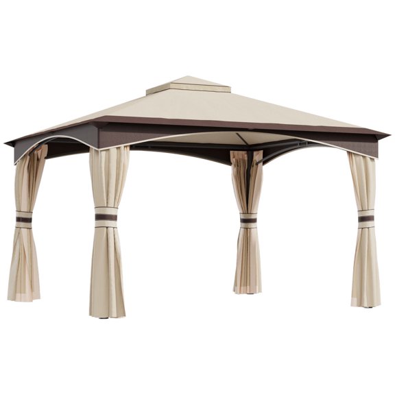 Miekor Furniture 10' x 12' Outdoor Gazebo with Netting and Curtains, Patio Gazebo Canopy with 2-Tier Soft Top Roof and Steel Frame for Lawn, Garden, Backyard and Deck 7715