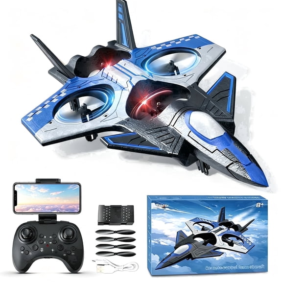 TongLi Camera RC EPP Fighter Drone, Anti-Fall Stunt VTOL Aircraft, Color LED, 30cm, Rechargeable, Age 14 , Blue Gift Box Toy
