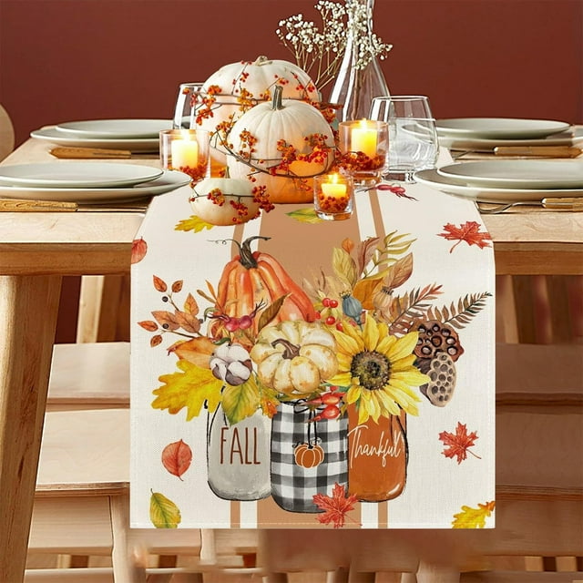 Vaidha Thanksgiving Table Flag | Maple Leaf Pumpkin Turkey Pattern Table Runner | 72 x 13 Inch Polyester Holiday Table Mat for Fall Decor & Dinner Parties
