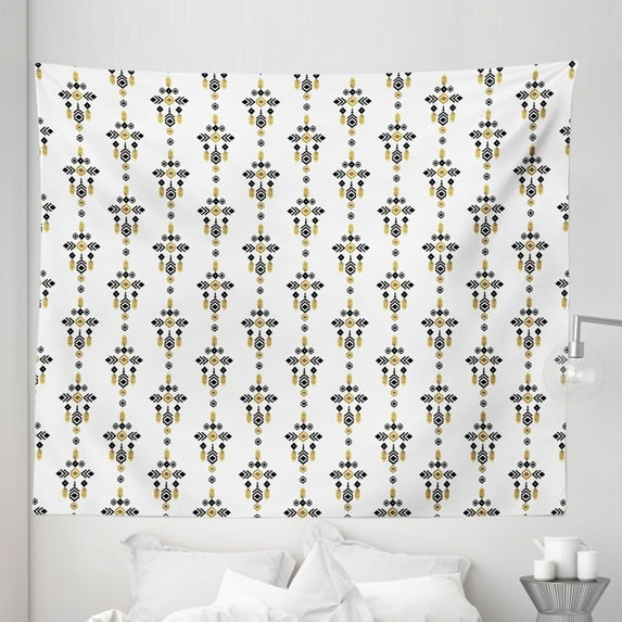Tribal Tapestry, Mayan Cultural Geometric Motifs, Fabric Wall Hanging Decor for Bedroom Living Room Dorm, 5 Sizes, Amber Black and White, by Ambesonne