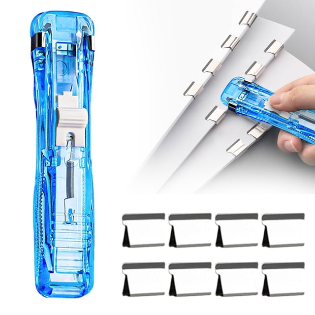 Portable Clip Stapler One Slide Quick Binding Tool No No Holes Reusable Stainless Clips One Hand OperationforHome Classroom, Mini One Hand Stapler, 8 Pack Stainless Steel Binder Clips