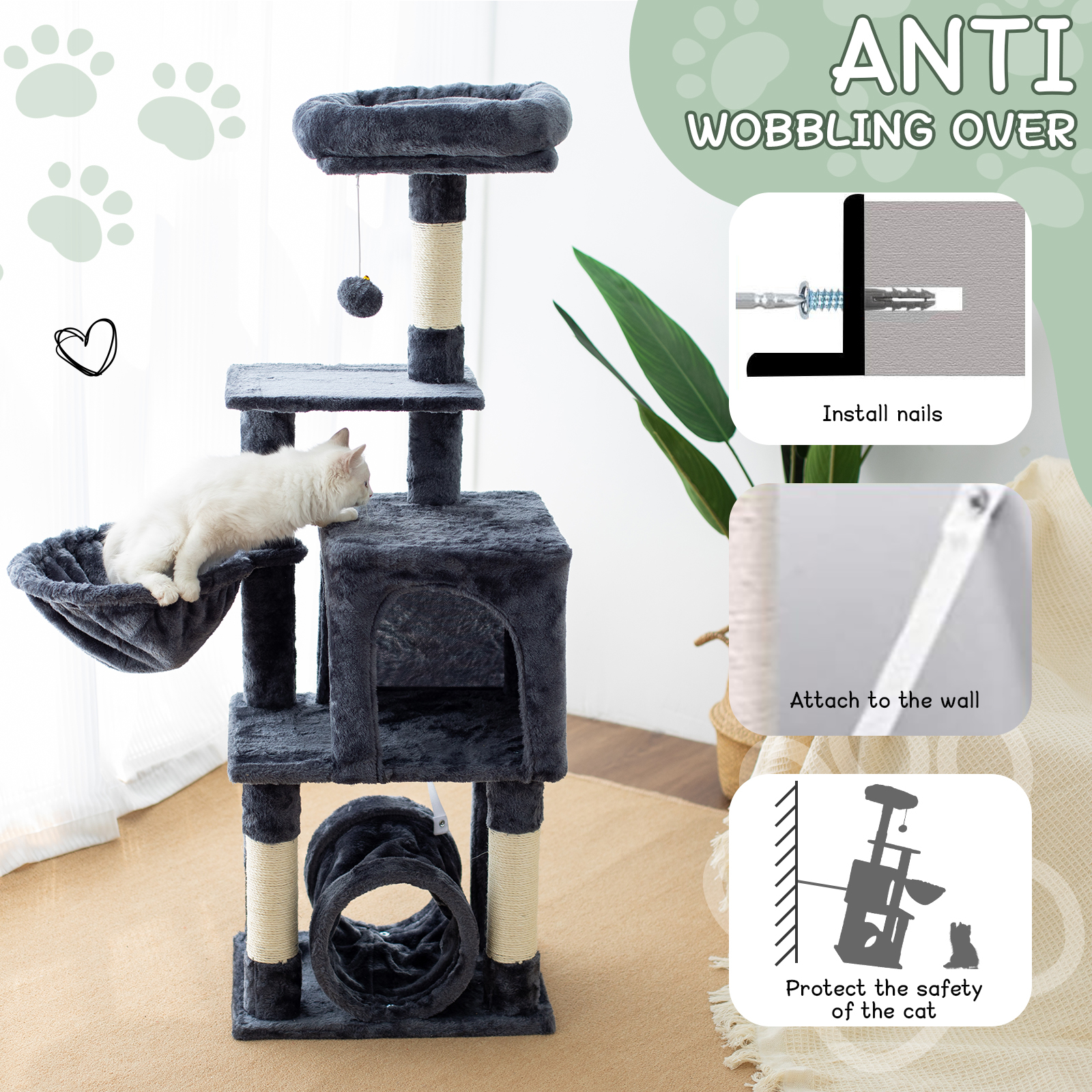 Senbonry Cat Tree for Indoor Cats with Scratching Posts 49in Small Gothic Tower with 9 Inchs Tunnel, Condo, Basket, Pompoms,Dark Gray