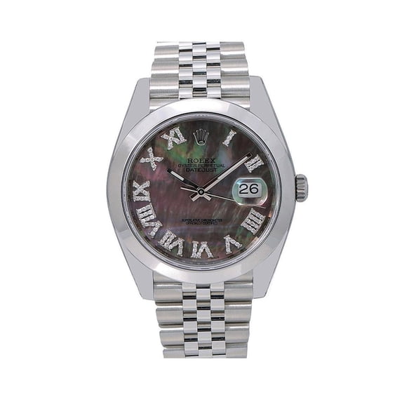 Pre-Owned Rolex Datejust 41MM 126300 Black Mother of Pearl Roman Diamond Dial Smooth Bezel Stainless Steel Jubilee Bracelet
