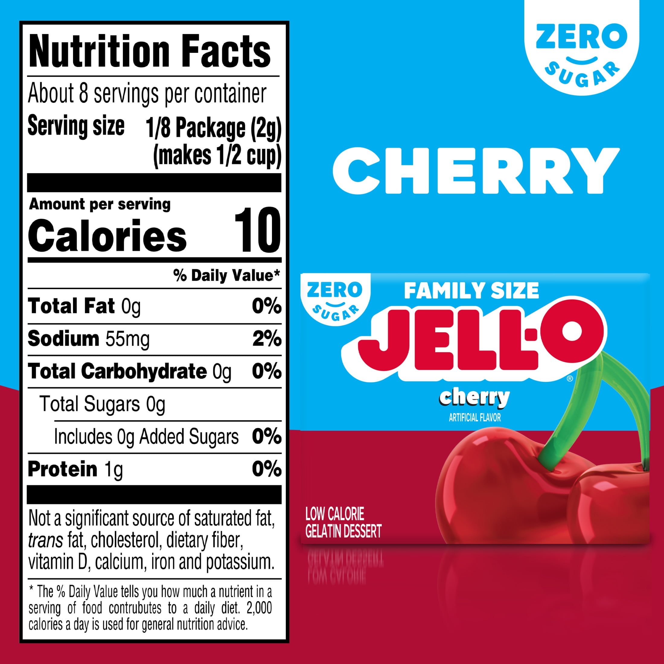 Jell-O Cherry Zero Sugar Low Calorie Gelatin Dessert Mix, Family Size, 0.6 oz Box