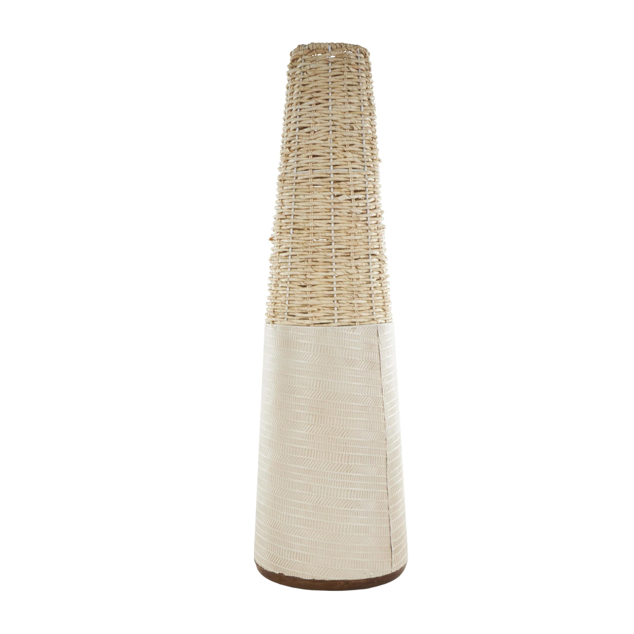 DecMode 26" Geometric Handmade Woven Light Brown Rattan Vase with Beige Metal Base