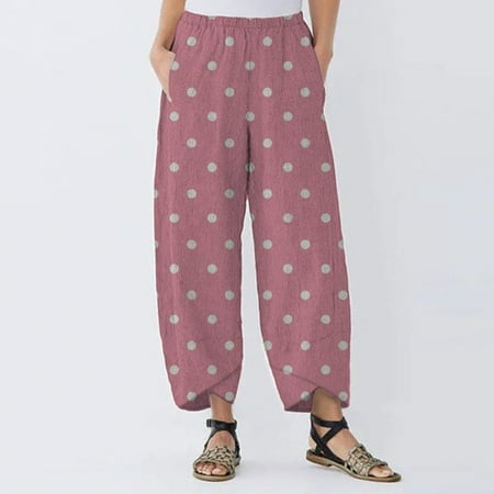 

Womens Cotton Linen Capri Pants Summer Elastic Waisted Casual Pants Wide Leg Loose Fit Comfy Pajama Beach Trousers CHMORA(Pink S)