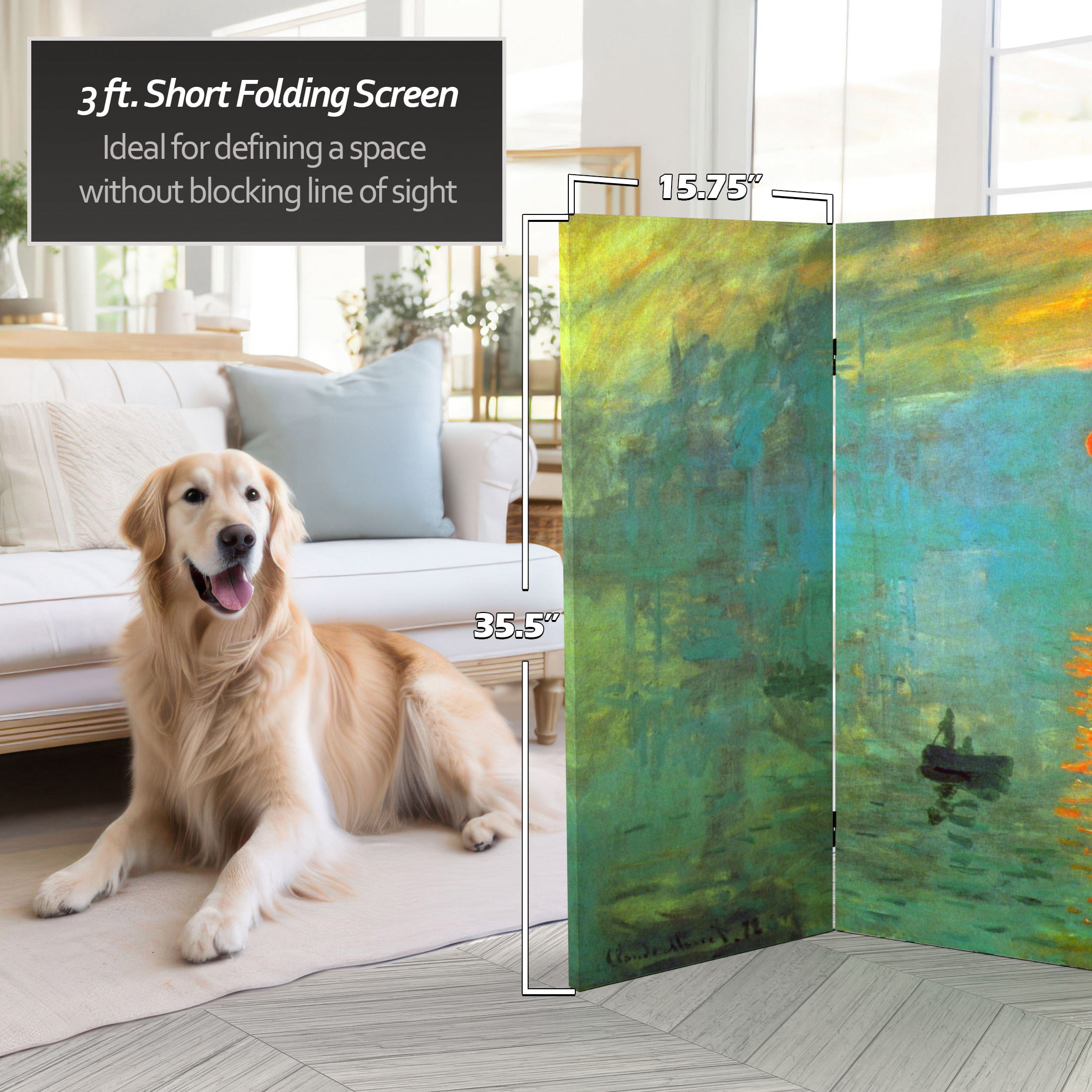 Red Lantern 3 ft. Short Monet Canvas Folding Screen - Impression Sunrise/Houses of Parliament