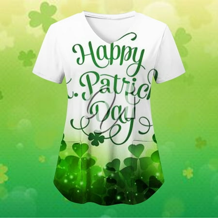 

Ozmmyan Womens Tops St Patricks Day Scrubs for WomenSt Patrick s Day Fashion Women s V-Neck Casual Short Sleeve Printed Pockets Ladies Tops Blouse