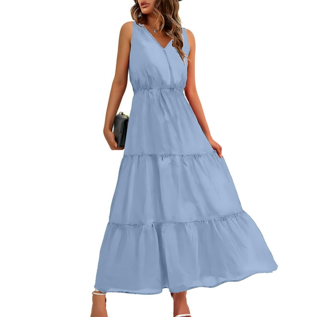 Pisexur Robes pour Femmes Mode Col en V Sans Manches Robe Maxi Taille Haute à Volants Évasée Robe d'Été Décontractée Ample Couleur Unie Robe de Bal Formelle Confortable Fluide Robe Portefeuille pour Plage Vacances