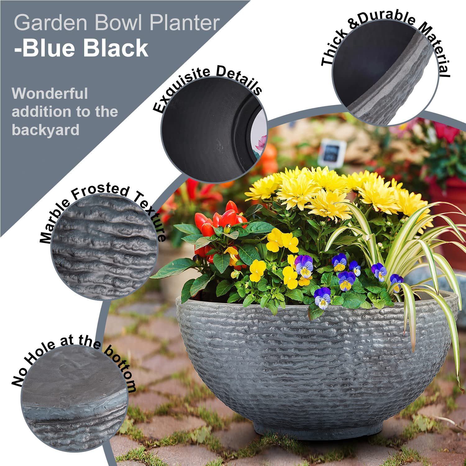 Sungmor Hydroponic Planter Large Garden Bowl Micro Landscape Succulent Pot, 15.6" Dia. 0.5" Thickened Big Water Lily Container - Resin Marble Texture Functional Mini Fish Pond Fountain Bird Bath
