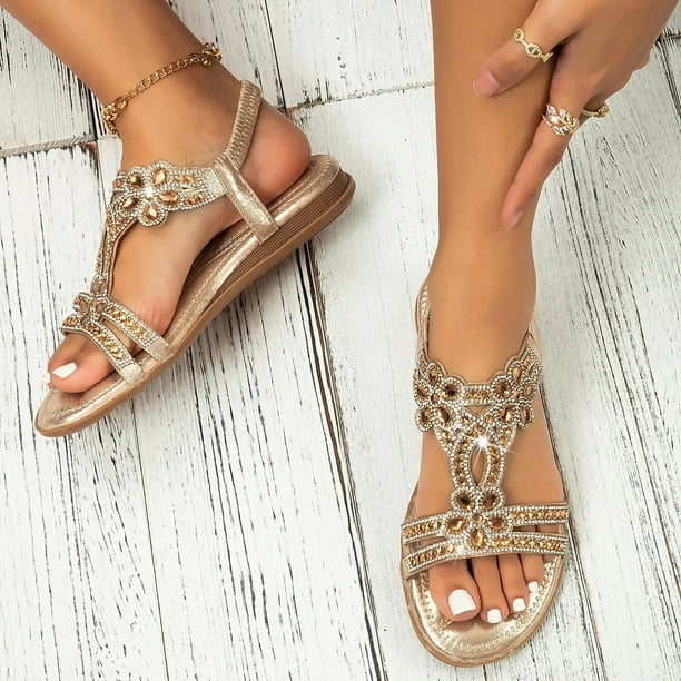 gold dress flat sandals Keusn womens flats sandals summer Gladiator bohemian rhinestone dress shoes comfortable open toe elastic ankle strap slip on sandal gold size 6.5,