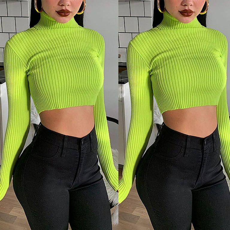 Long Sleeve Turtleneck Sweater Ribbed Knit Neon Green Bodycon Crop Top -