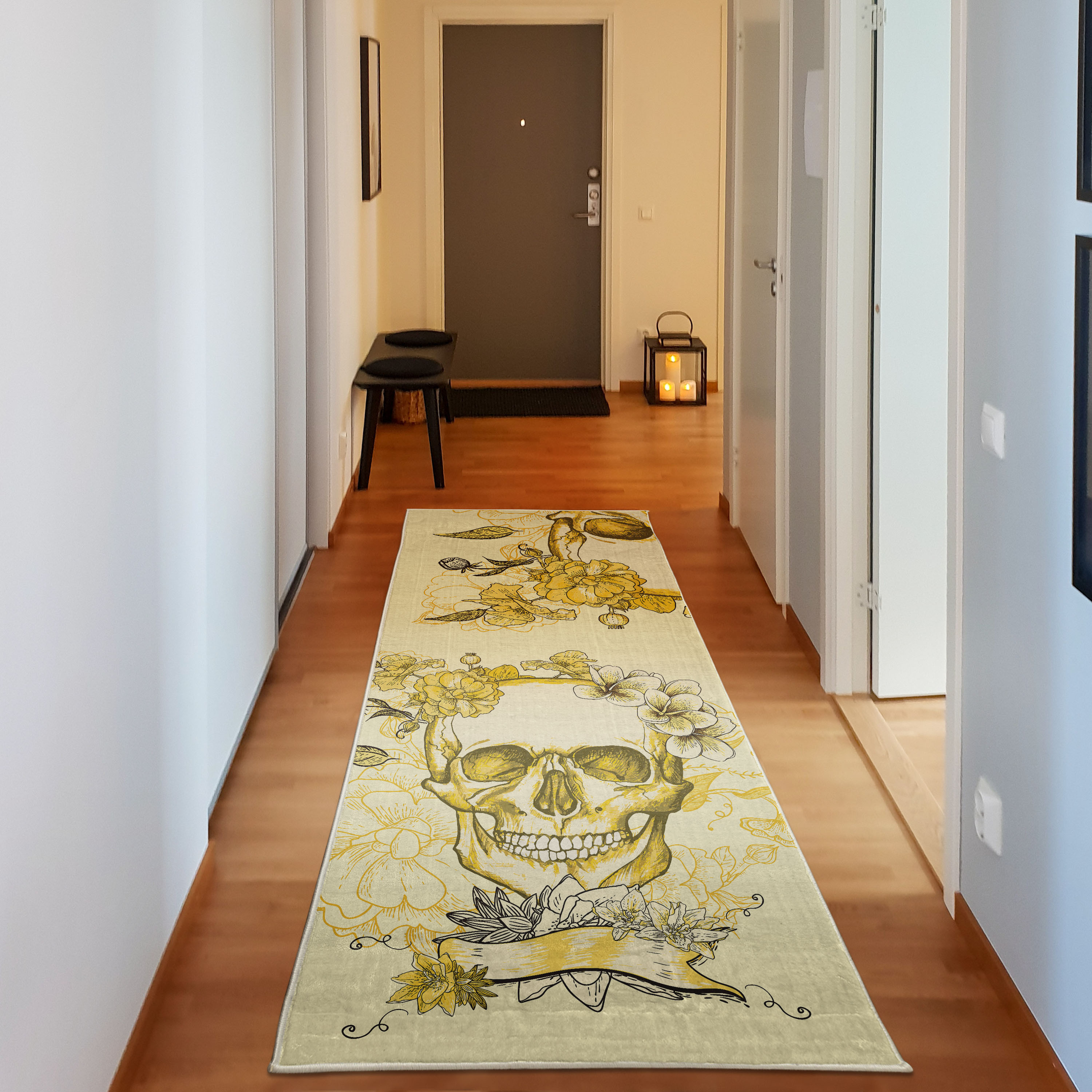 Grunge Decorative Rug, Skull and Flowers Day of the Dead Mexican ...