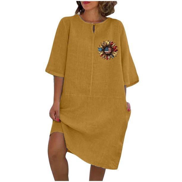 Vestido de Verano para Mujeres Color Sólido Imitación de Lino Cuello Redondo, Manga Corta Estilo Casual para el Uso Diario, Fiesta Y Primavera