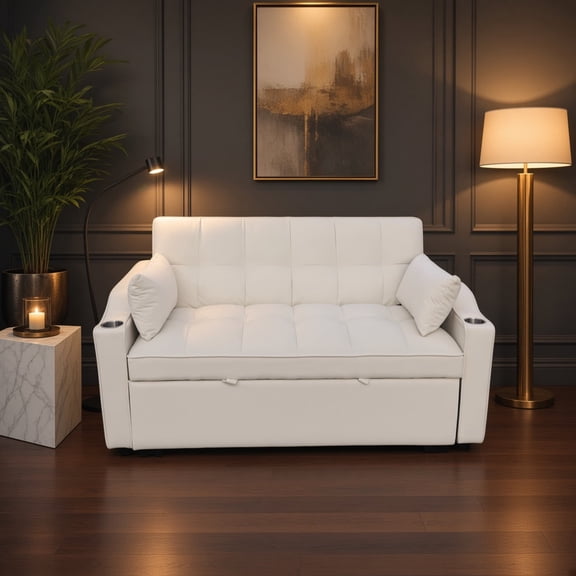 3-in-1 Convertible Sleeper Sofa Bed, Velvet Loveseat with Pullout Bed and Adjustable Reclining Backrest, Living Room Furniture, Beige