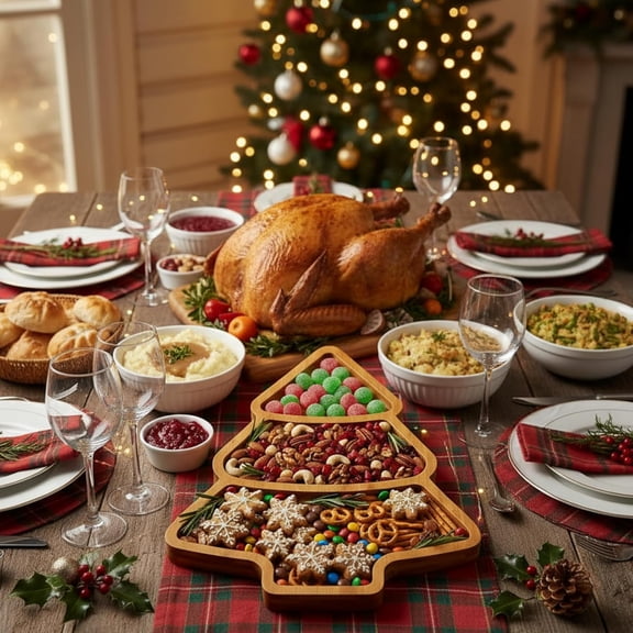 YUYAN-Christmas Tree Serving Tray Platter Charcuterie Board Christmas Wood Serving Dish Cutting Board Rustic Farmhouse 11.42 x 10.43 Inches Table Plate for Cheese Food Fruit Party