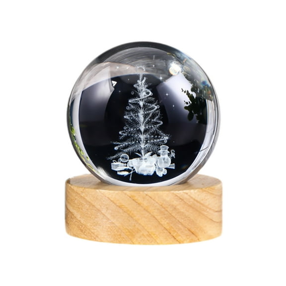 Christmas Crystal Ball Night Light, 3D Engraved Christmas Tree & Reindeer LED Lamp with Wooden Base, Optical Glass Crystal Decor for Holiday, Desk, Gift
