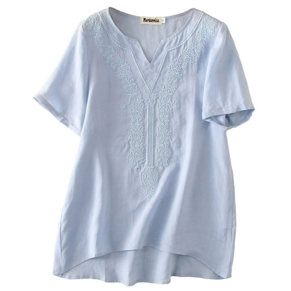 Women's Embroidered Blouse Tunic V-Neck Linen Tops Short Sleeve Hi-Low Hem Shirt Blue M