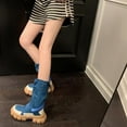 thumbnail image 6 of Lovskoo 2024 Mid Calf Boots for Women Wide Calf Round Toe Platform Denim Slip On Spring Fall Booties Blue, 6 of 9