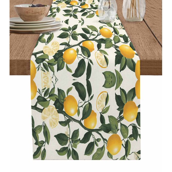 Lemon Table Runner 70 Inches, Summer Leaves Watercolor Fruit Country Plant Bed Runner Dresser Scarves Tabletop for Indoor Outdoor Parties/Ceremony/Banquet, 13" x 70"
