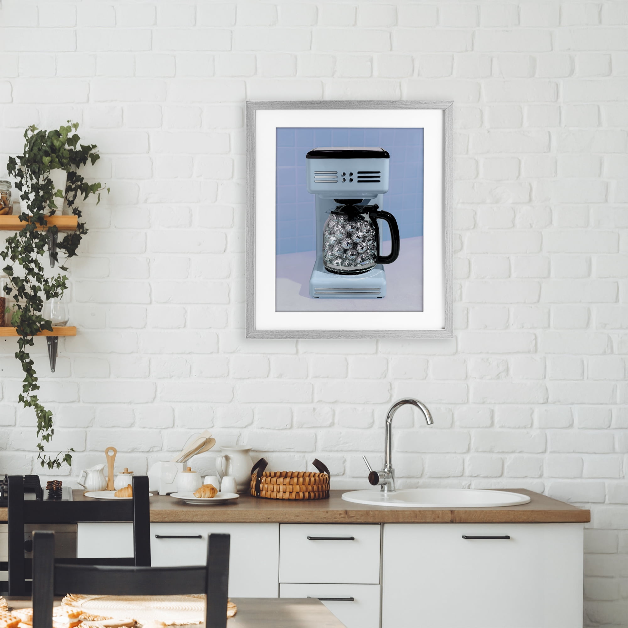 Stupell Industries Disco Coffee Maker over Blue Gray Framed Print Under Glass, design by LISH Creative