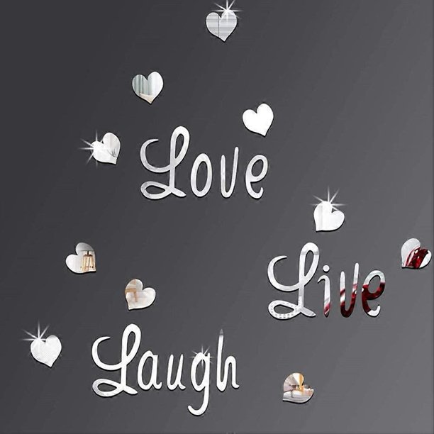 DIY Sticker, Love Live Laugh Heart 3D Mirror Wall Stickers Home Decoration 24 Pieces/Set Color: Silver