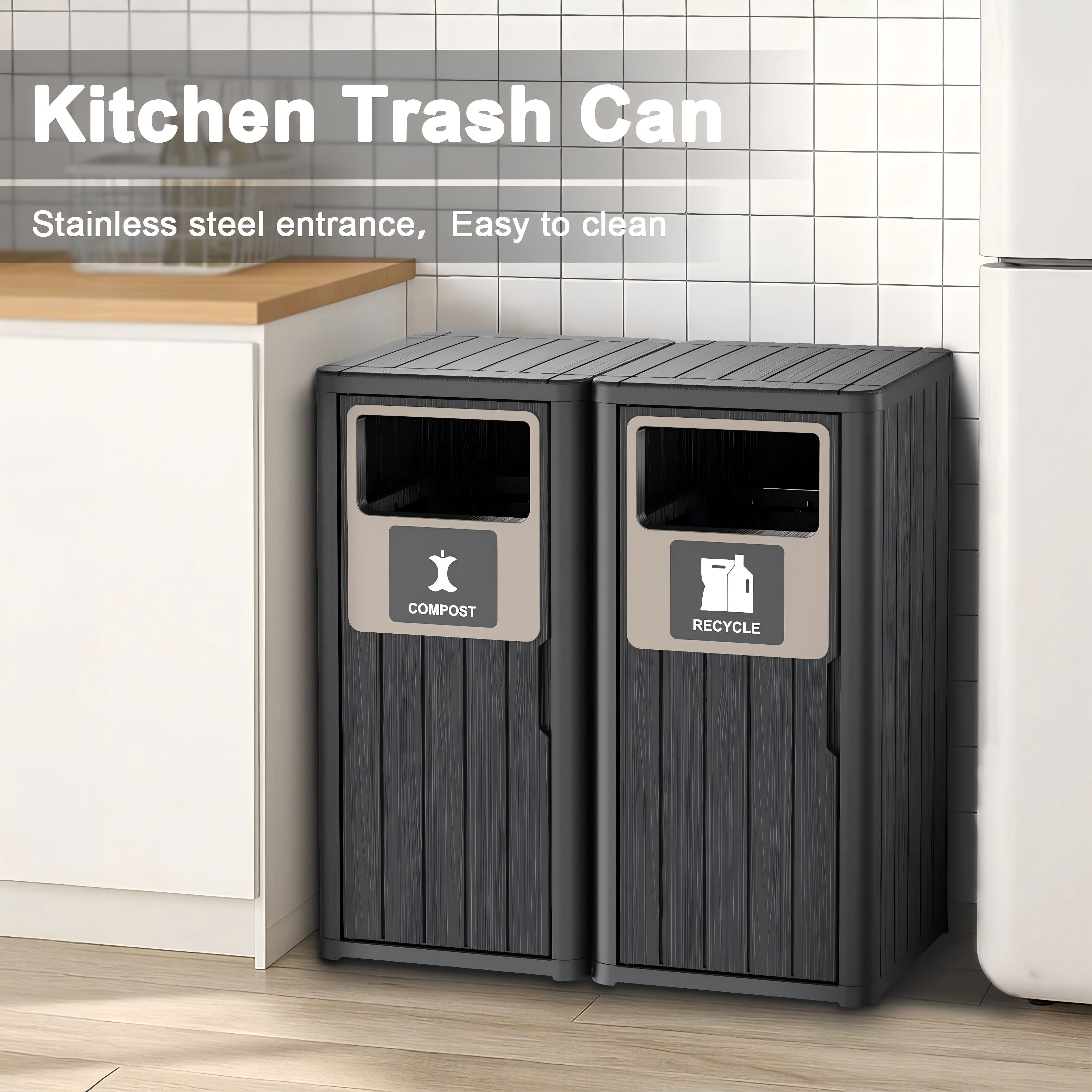 Outdoor Single Barrel Trash Can,Waterproof Resin Garbage Can with Garbage Labels,Durable Waste Bin for Porch, Backyard,Kitchen,for 30 to 39 Gallon Trash Bags（Black，2)