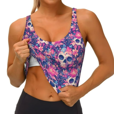 Qokaie cool Skull flower colorful Pattern Womens Scoop Neck Sports Bra Breathable Workout Vest Padded U Back Medium Impact Fitness Gym Yoga Bra Workout Crop Top