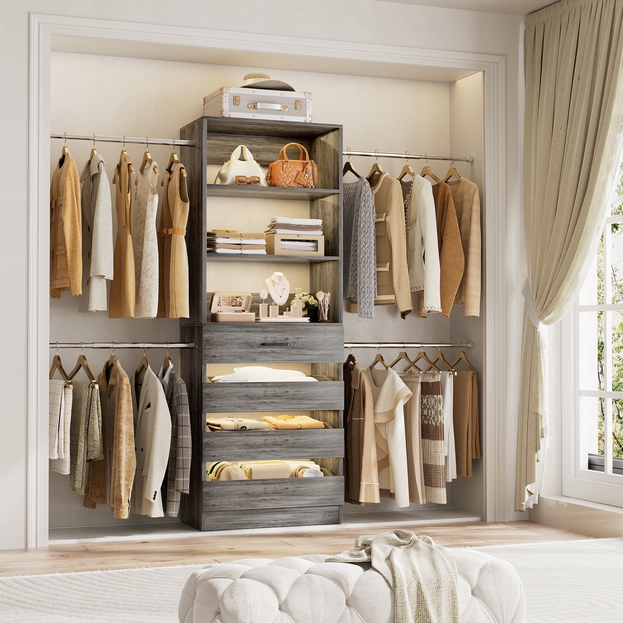 Homieasy 4-9 Ft Adjustable Wooden Closet Organizer System with 4 Drawers, 4 Hanging Rods & Shelving Towers - Heavy Duty Walk-in Wardrobe Rack, Space-Saving Design, Easy Assembly,Gray Oak