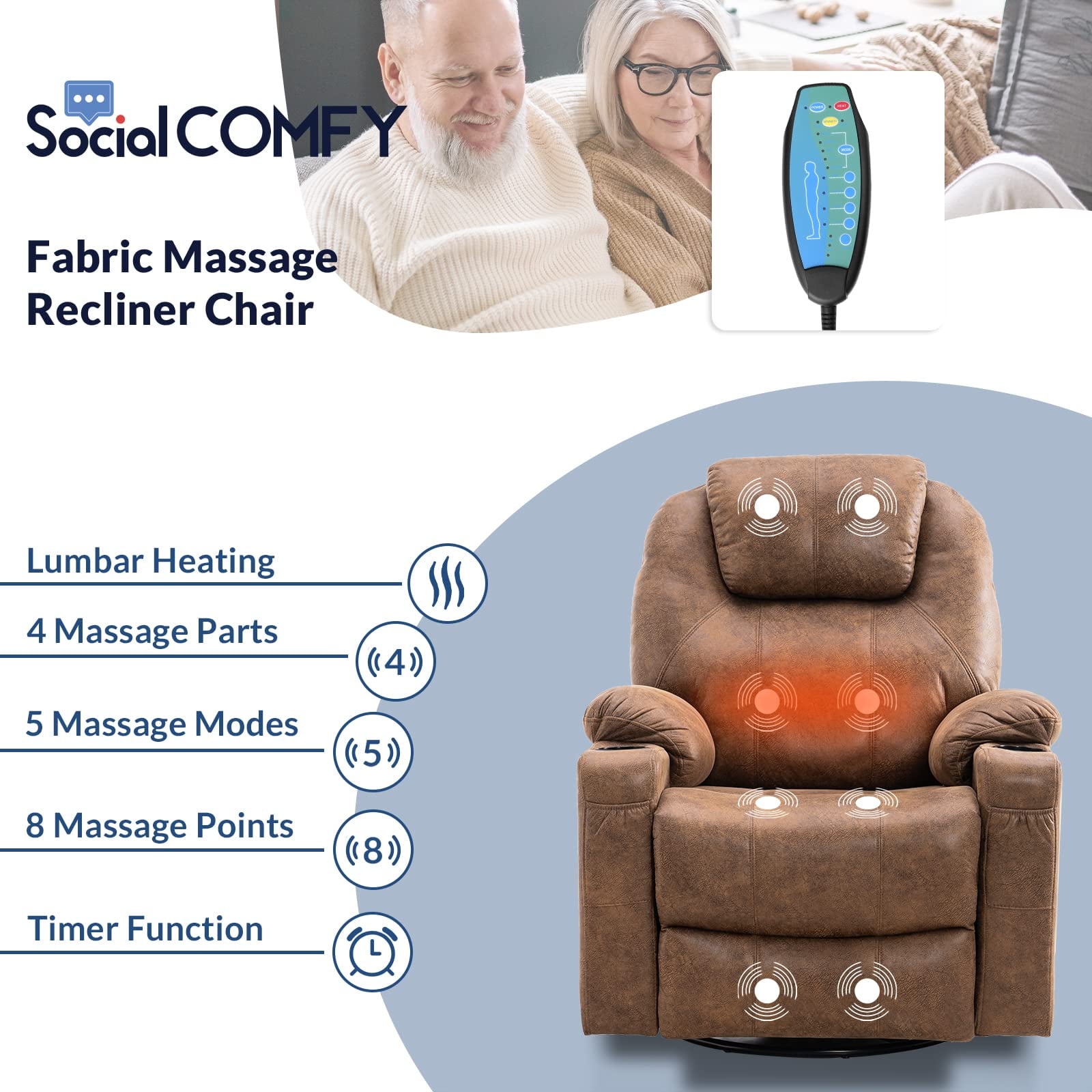 SOCIALCOMFY Manual Swivel Glider Rocker Recliner Chair with Heated Massage Ergonomic Lounge 360 Degree Swivel Sofa Seat with 2 Cup Holders, Side Pockets & USB Ports for Living Room, Brown