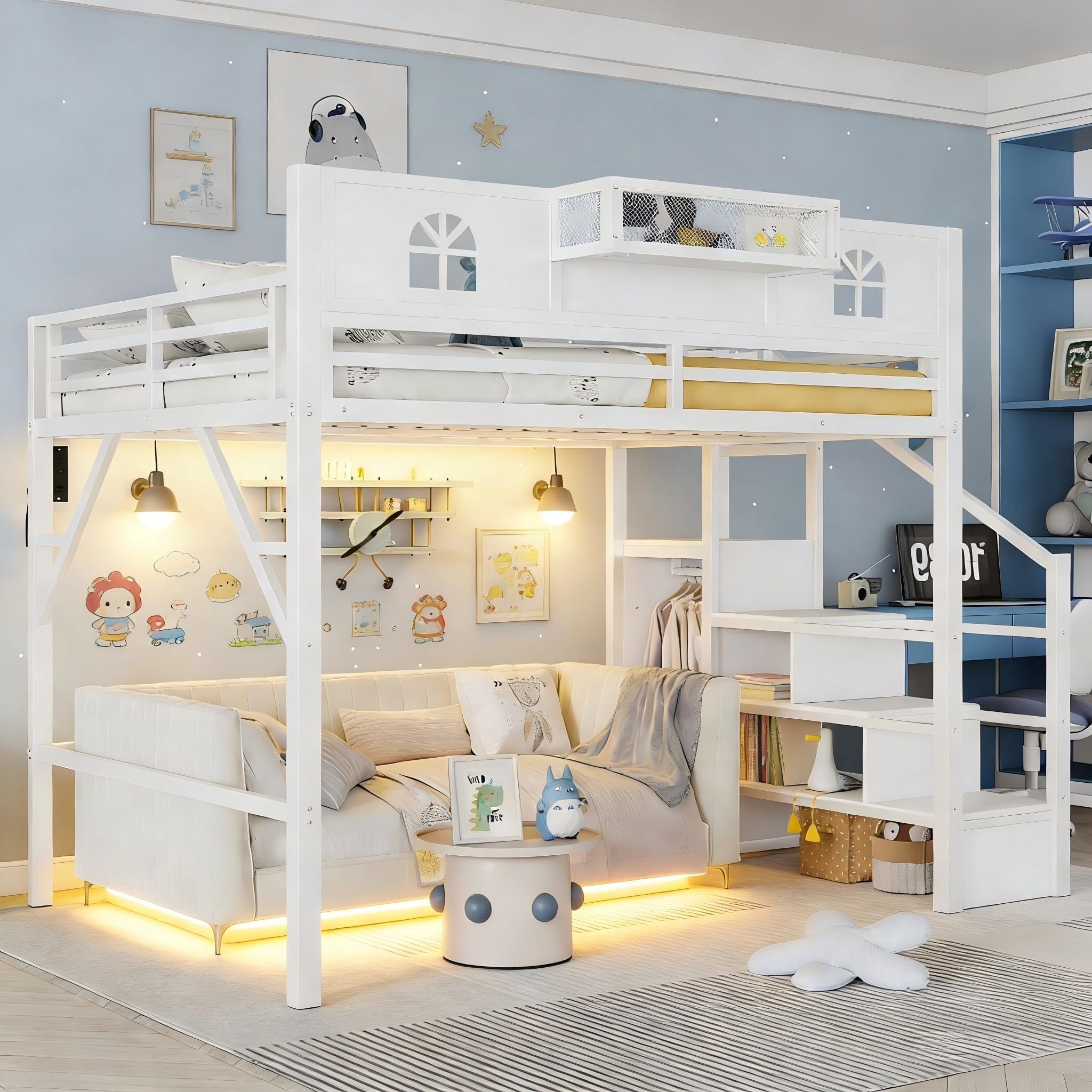 Mirightone Queen Loft Bed with Stairs, Metal Queen Size Loft Bed Frame with Storage Shelf &Tall Guardrails , High Loft Beds with Wardrobe, LED Light & USB for Teens Adults, White