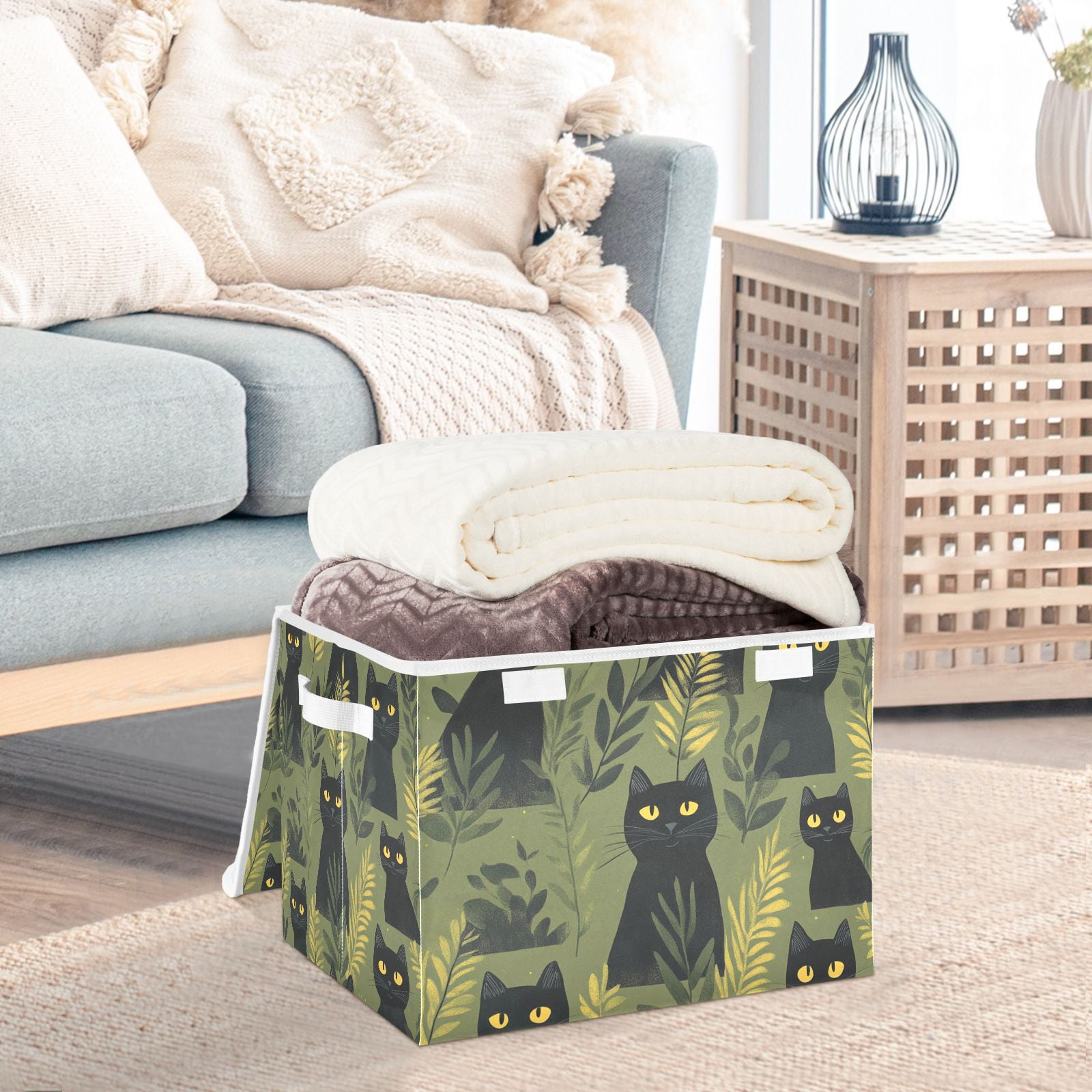 Black Cats Grass Storage Basket for Shelves Foldable Container Organizer for Organizing Toys Clothes Books with Handles