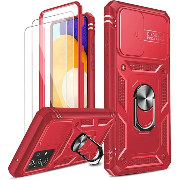 Samsung A52 5G Cellular Phone Case, Red, with Slide Camera Cover, 360 Protective Case, Kickstand, Tempered Glass Screen Protector, Shock-Absorbent, Camera Lens Protection