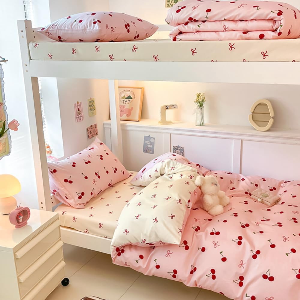 JOLUSERE 2-Piece Red Cherries with Pink Bows Comforter Twin Set , Soft Aesthetic Cherry Pattern Bedding Set for Kids Adults