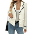 thumbnail image 3 of Women Black Contrast White Blazer Double Breasted Slim Casual Long Sleeve Fashion Office Jacket with Pockets Beige XL, 3 of 9