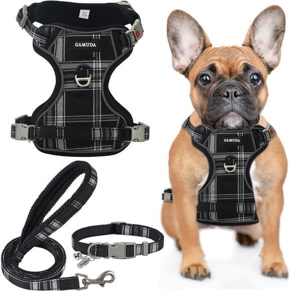 shiyou-Dog Harness Collar and Leash Set, Horse Care Sheets, No Chock No Pull Adjustable Vest Harnesses Plaid Reflective for Medium Dog, Cat, Small Horse, Small Bull and Pig (Black, M)