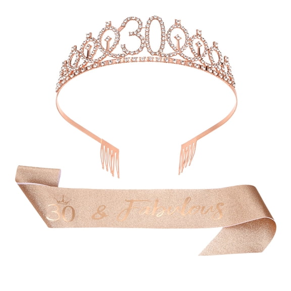 Uxcell Birthday Crown and Sash, 30th Birthday Sash for Women Rhinestone Tiara for Party Favor Decorations Gifts, Rose Gold