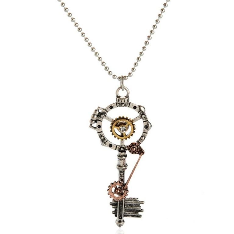DALX Steampunk Machinery Gear Key Pendant Chain Necklace Women Men Gothic  Jewelry 