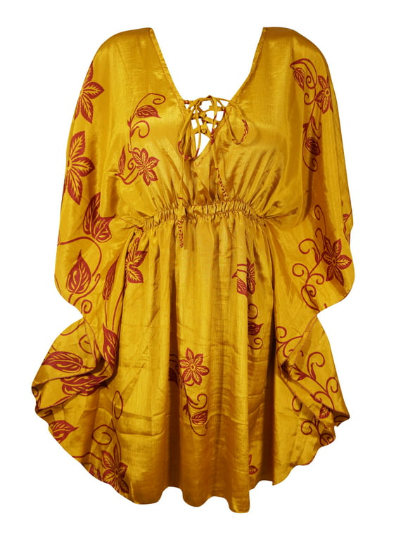 Mogul Kaftan Travel Dress Yellow Print Caftan M-XL
