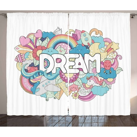 Dream Home Great Room Unicorn Party Curtains 2 Panels Set, Colorful Cartoon Style Childish Elements Dream Lettering Doodle Illustration, Window Drapes for Living Room Bedroom, 108W X 84L Inches, Multicolor, by Ambesonne ()